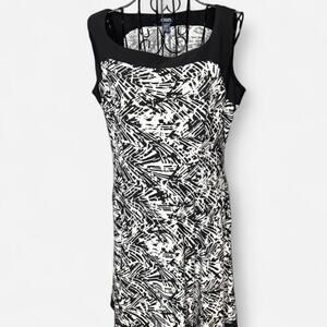 Chaps Petite Large Black & White Geometric Abstract Sleeveless Fit & Flare Dress